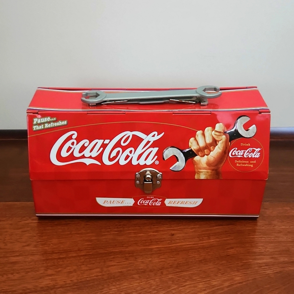 Coca-Cola Red toolbox tin lunchbox with collapsible wrench handle. One size.